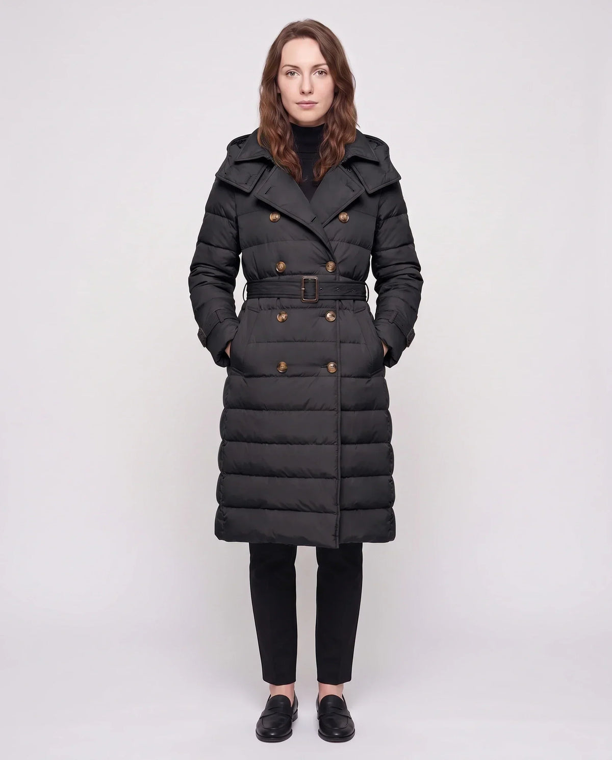 Long Trench-Style Puffer Jacket with Hood