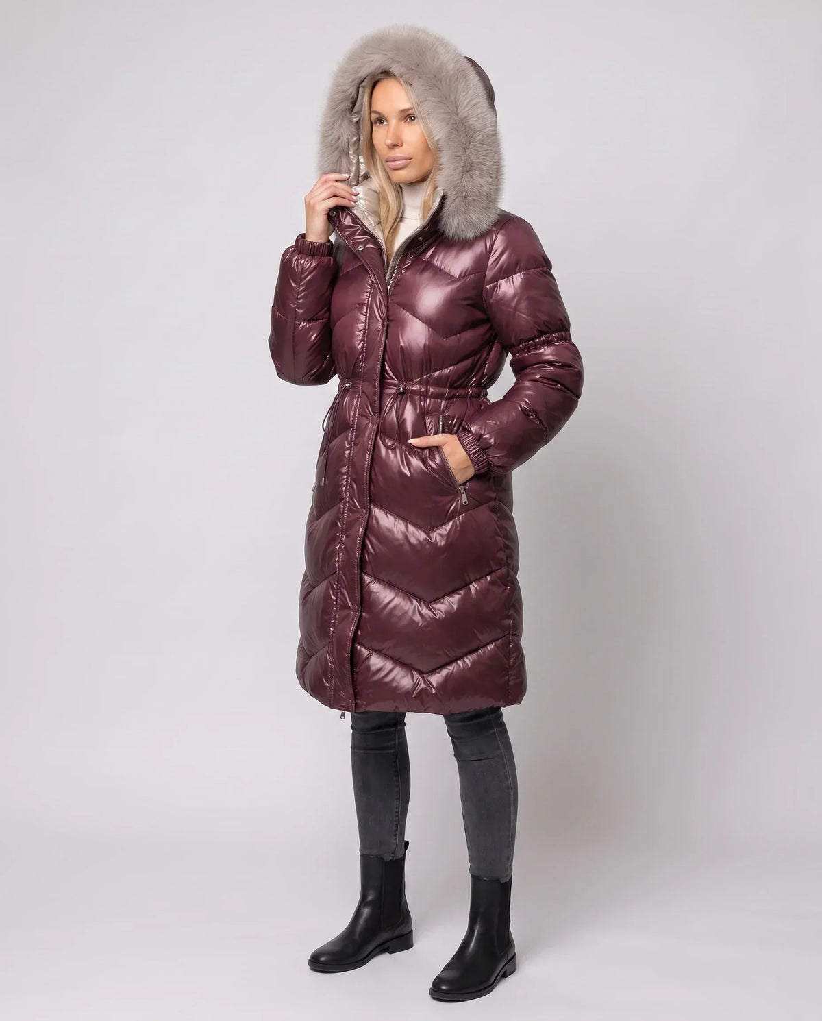 Shiny Mid-Length Puffer Jacket with Faux Fur Hood