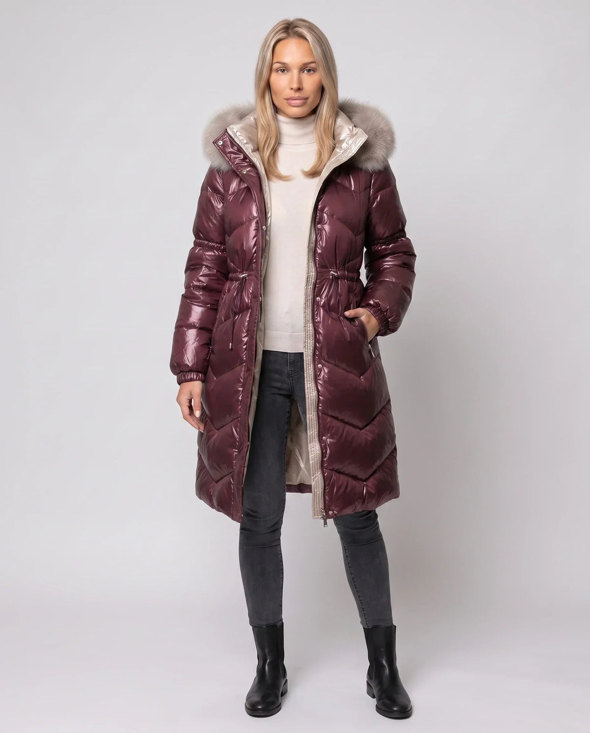 Shiny Mid-Length Puffer Jacket with Faux Fur Hood
