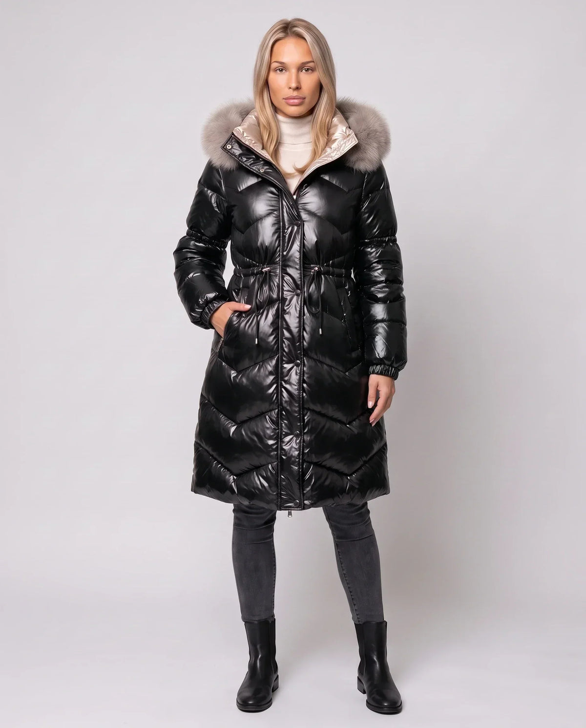 Shiny Mid-Length Puffer Jacket with Faux Fur Hood