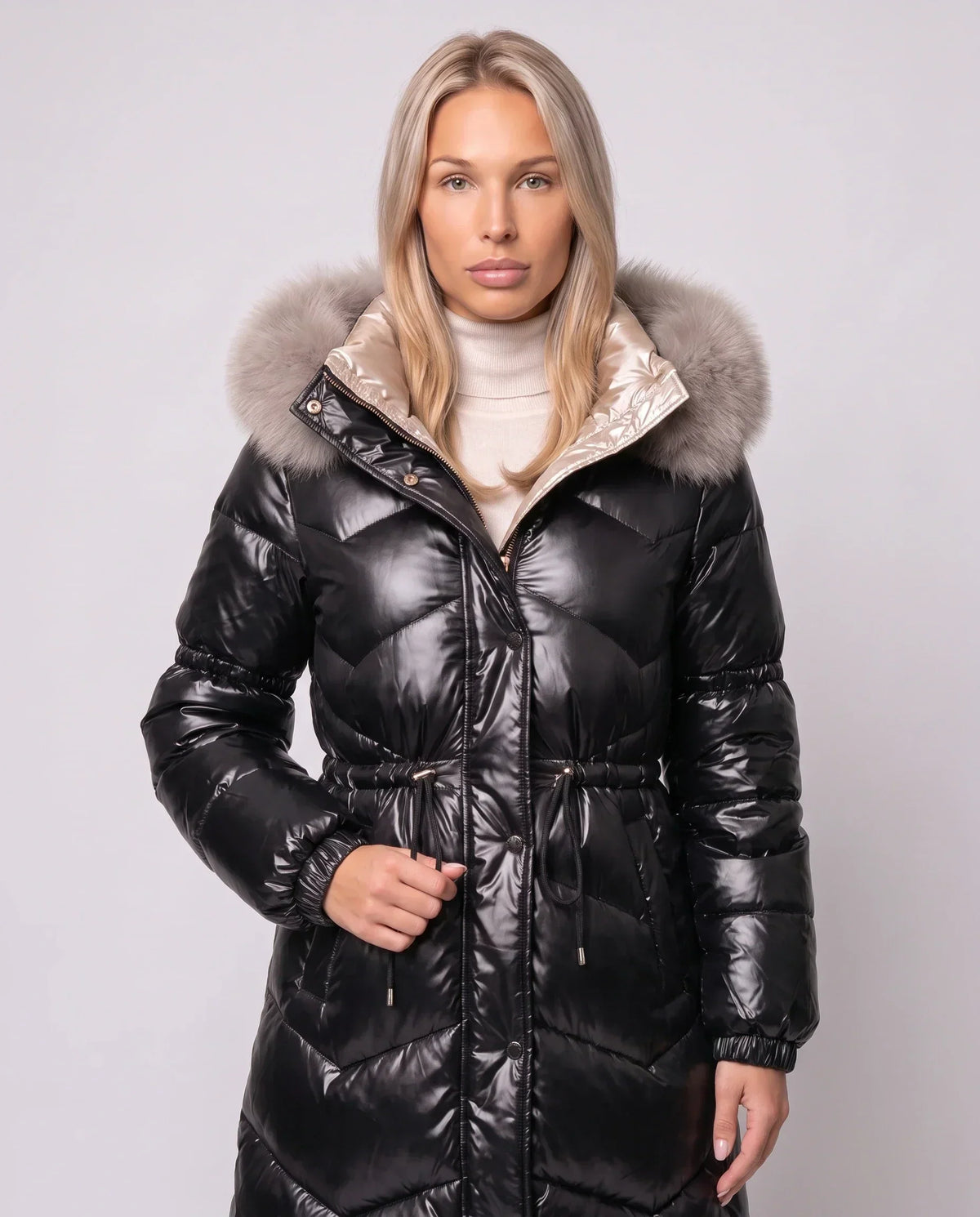 Shiny Mid-Length Puffer Jacket with Faux Fur Hood