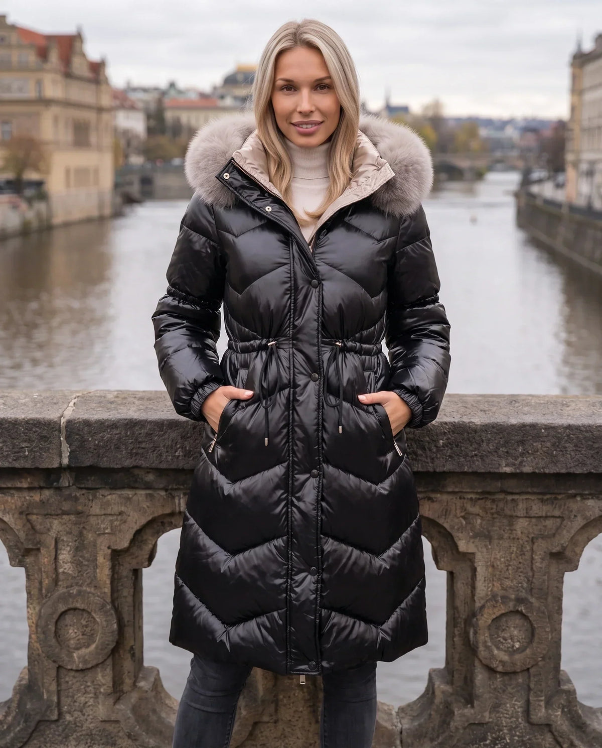 Shiny Mid-Length Puffer Jacket with Faux Fur Hood