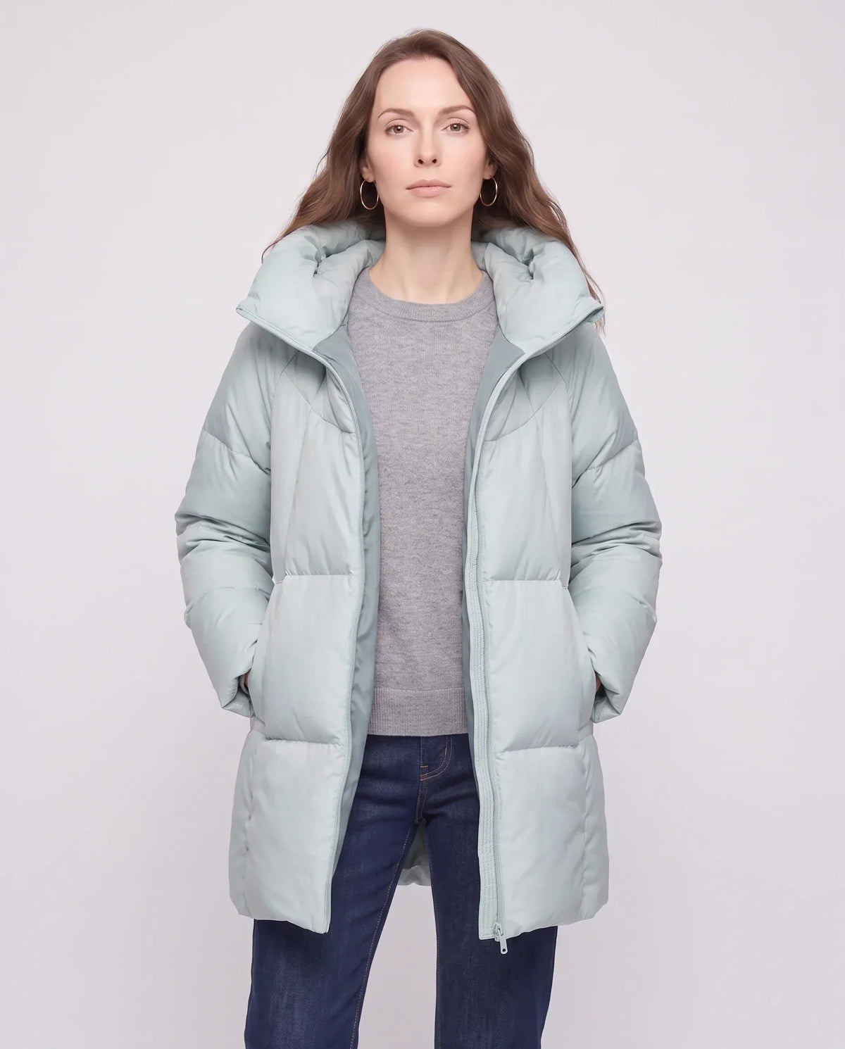 Mid-Length Puffer Jacket with Oversized Funnel Hood