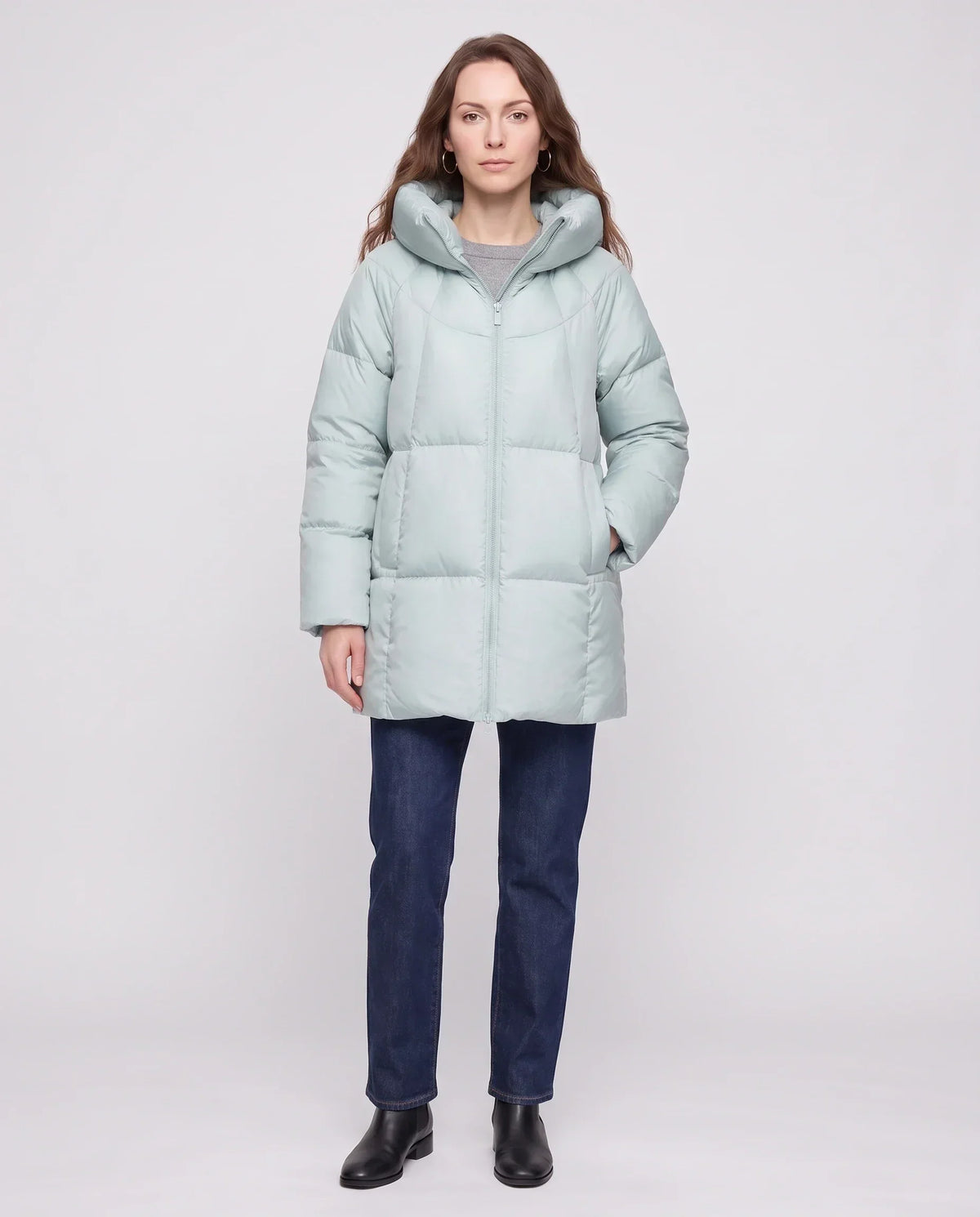 Mid-Length Puffer Jacket with Oversized Funnel Hood