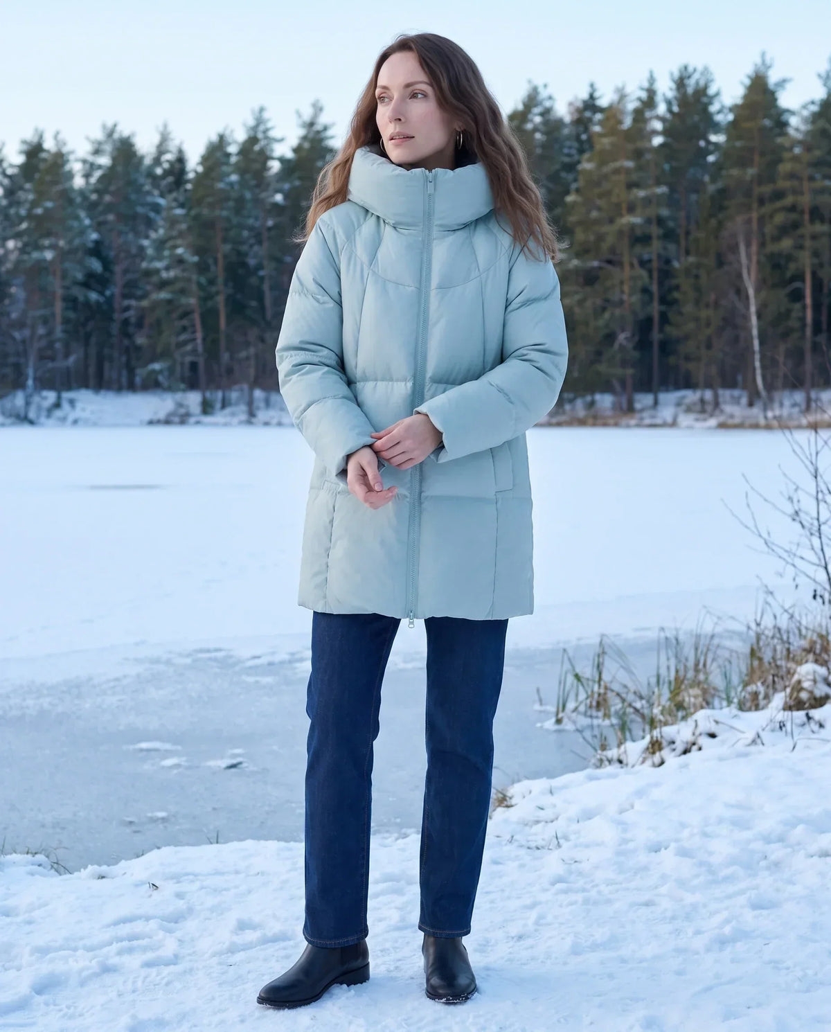 Mid-Length Puffer Jacket with Oversized Funnel Hood