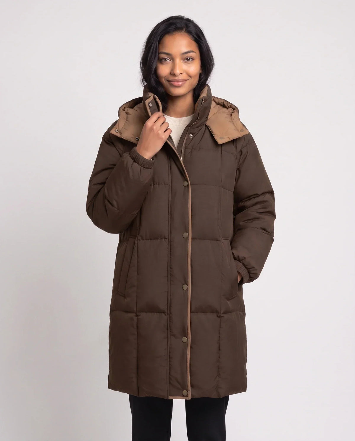 Mid-Length Hooded Puffer Jacket with Contrast Lining