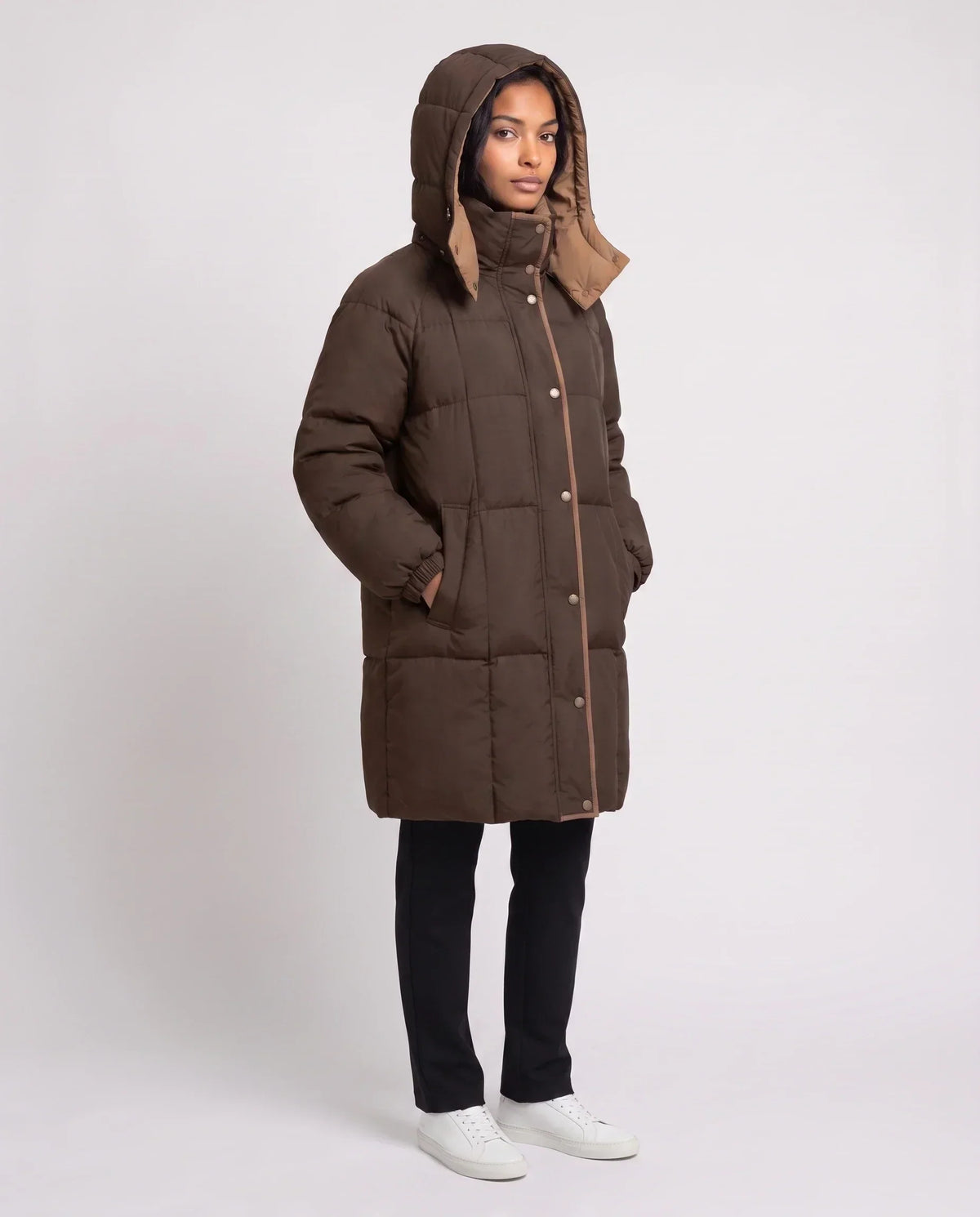 Mid-Length Hooded Puffer Jacket with Contrast Lining