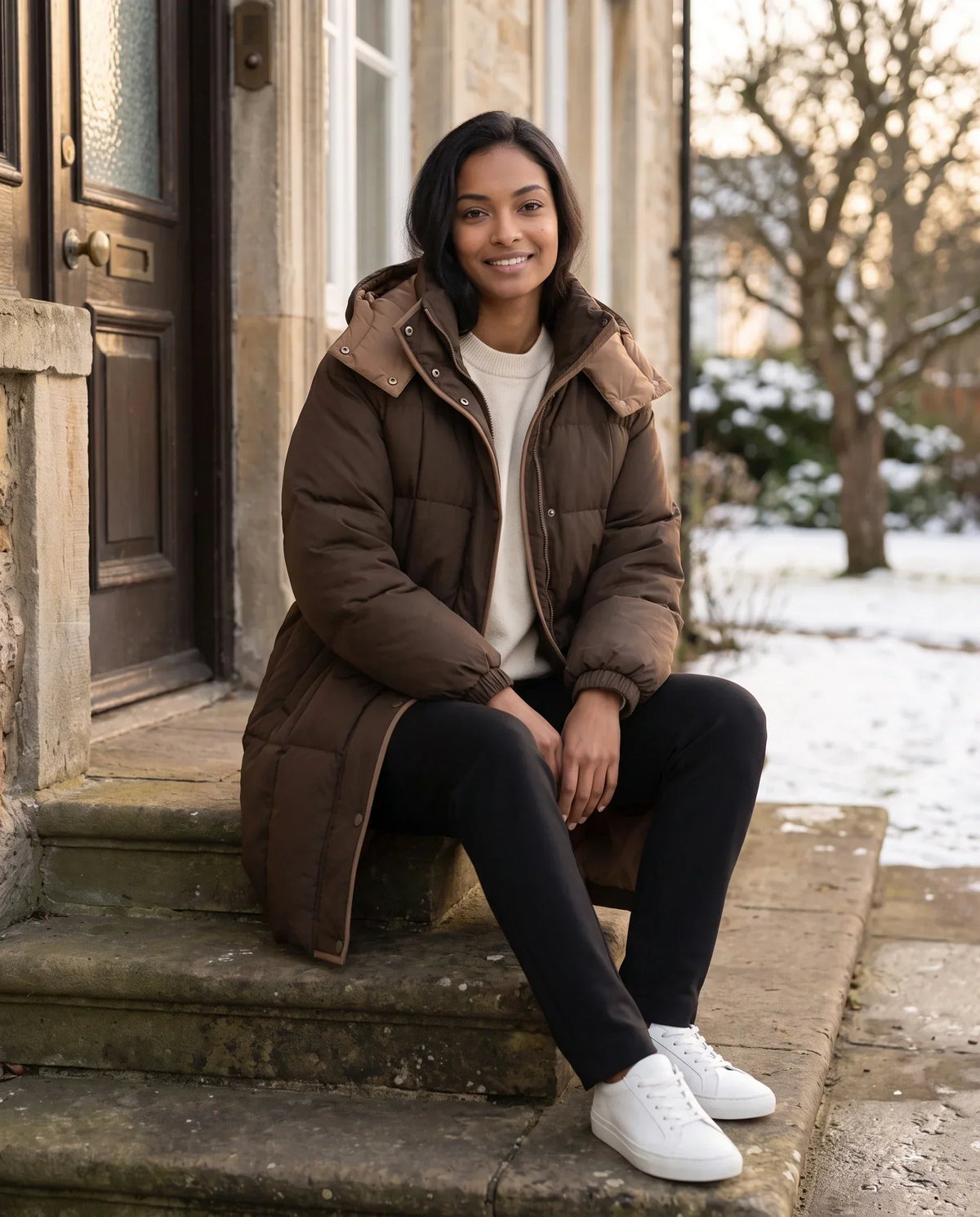 Mid-Length Hooded Puffer Jacket with Contrast Lining