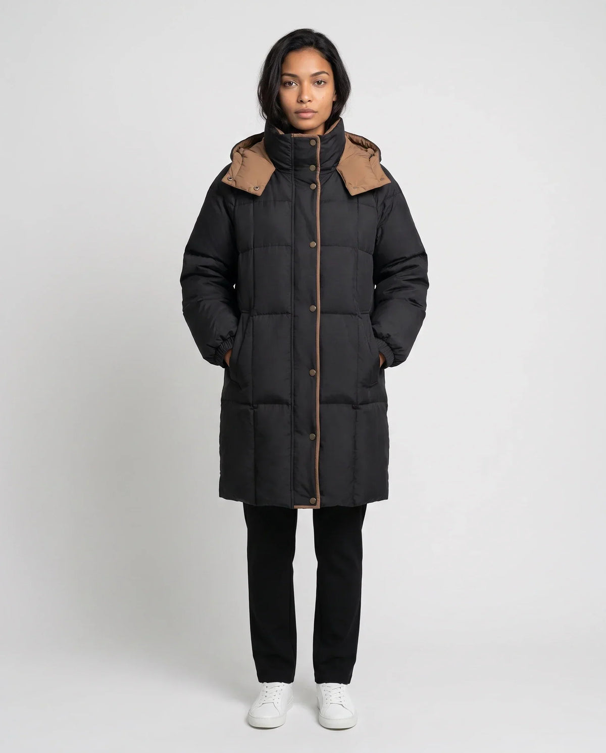 Mid-Length Hooded Puffer Jacket with Contrast Lining