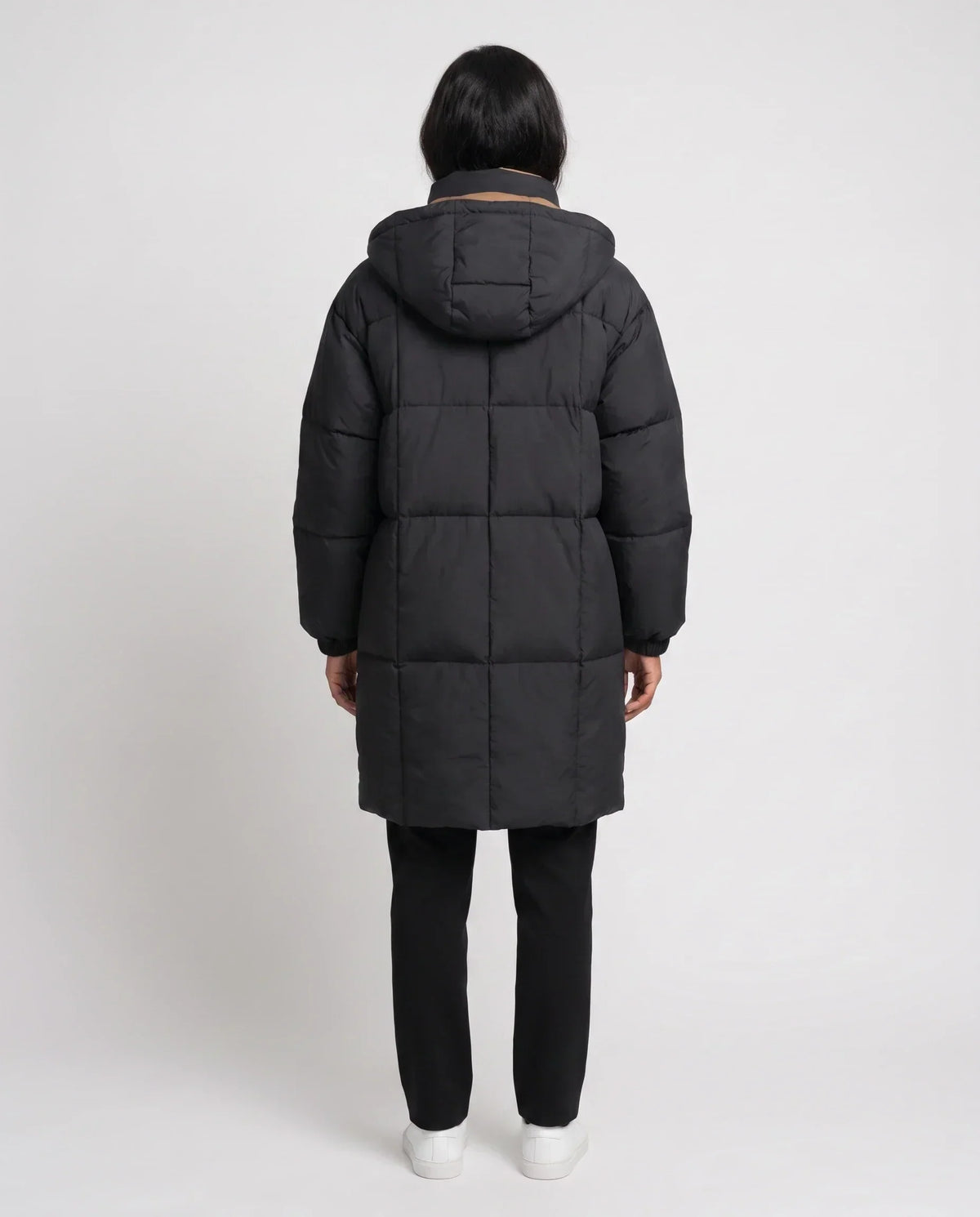 Mid-Length Hooded Puffer Jacket with Contrast Lining