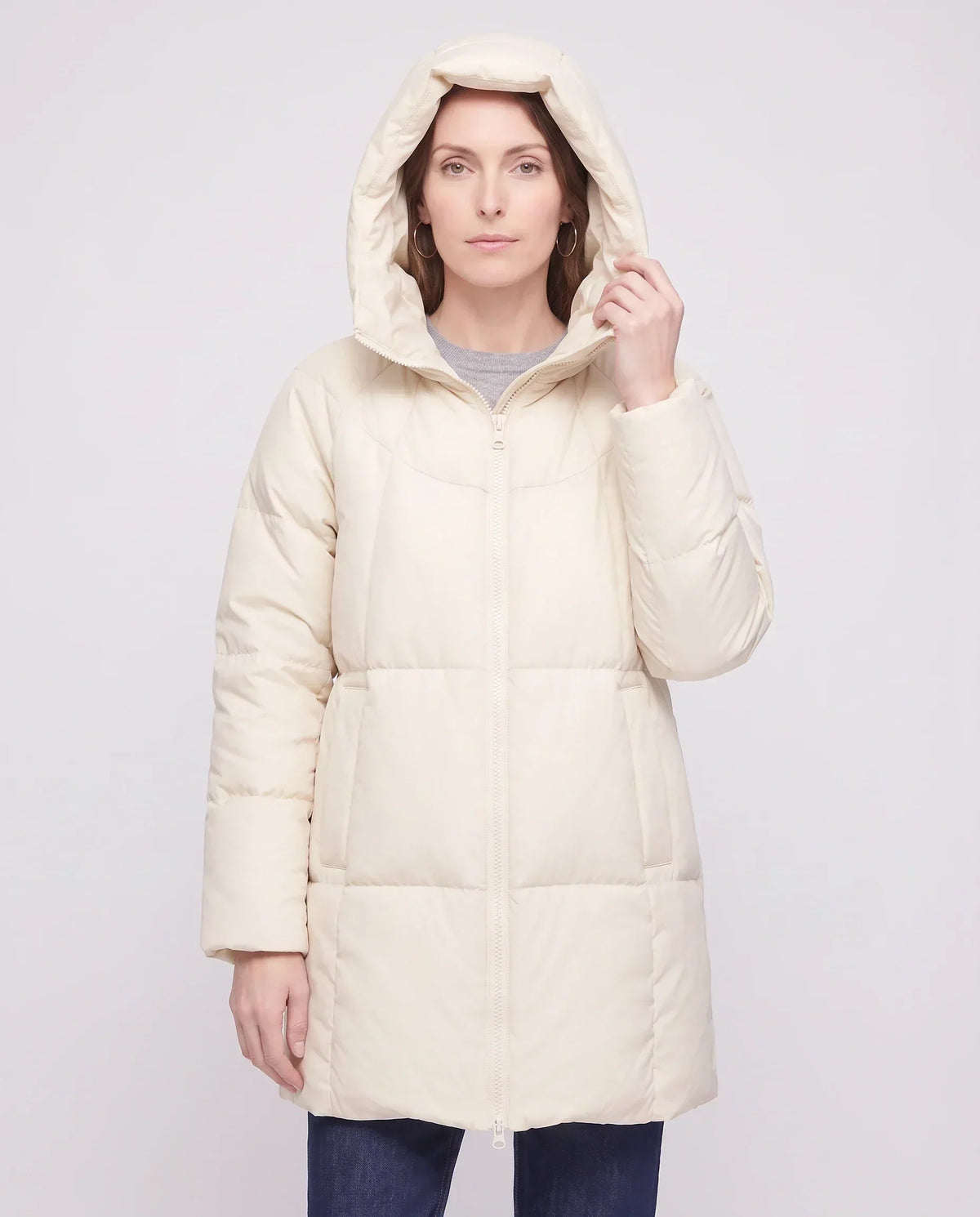 Mid-Length Puffer Jacket with Oversized Funnel Hood