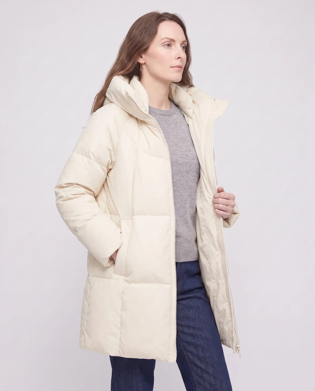 Mid-Length Puffer Jacket with Oversized Funnel Hood
