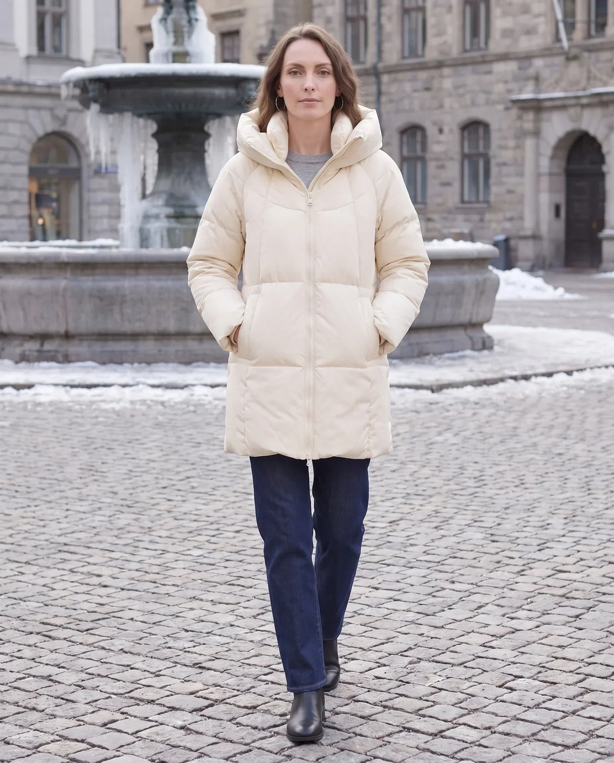 Mid-Length Puffer Jacket with Oversized Funnel Hood