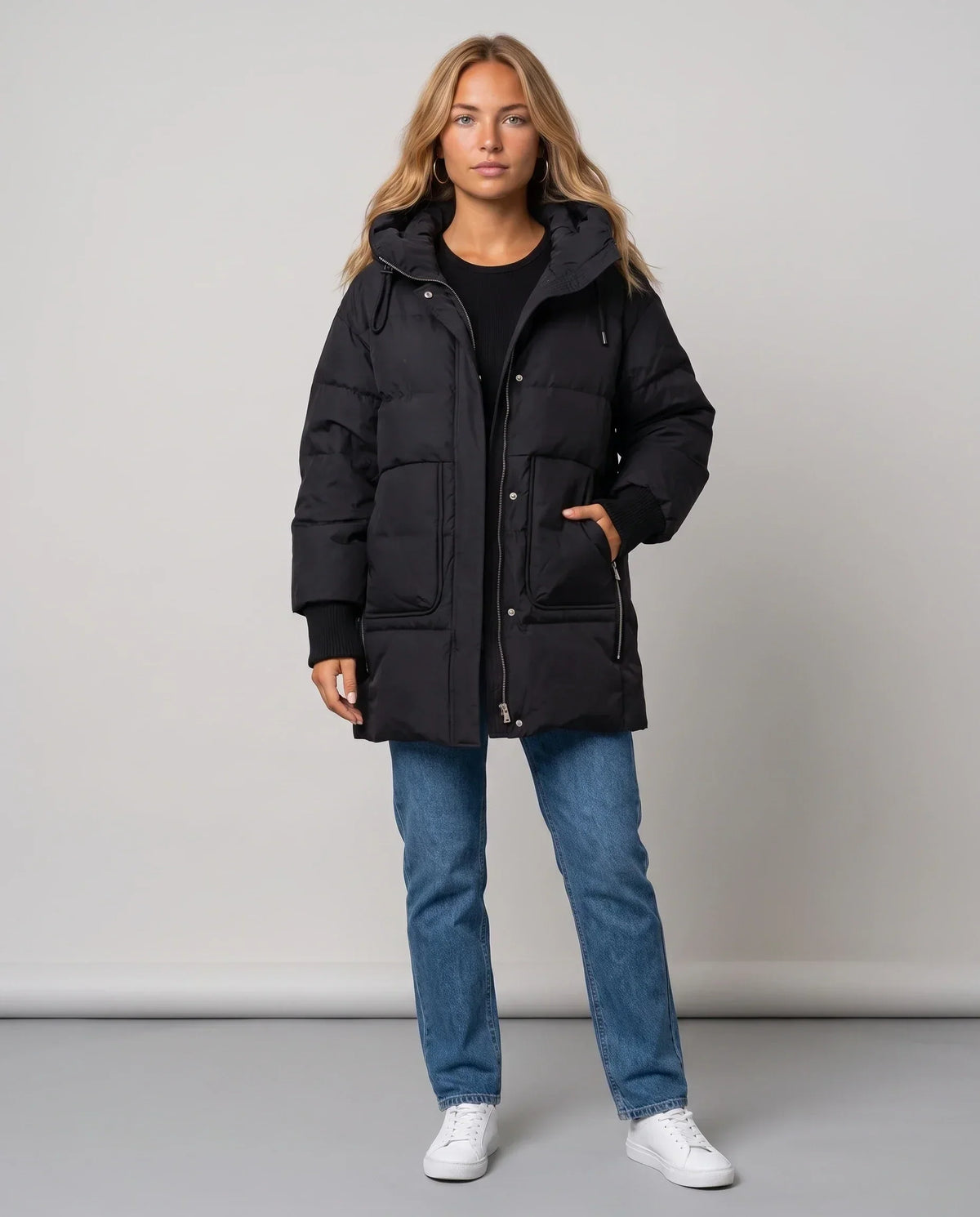 Mid-Length Hooded Puffer Jacket with Patch Pockets
