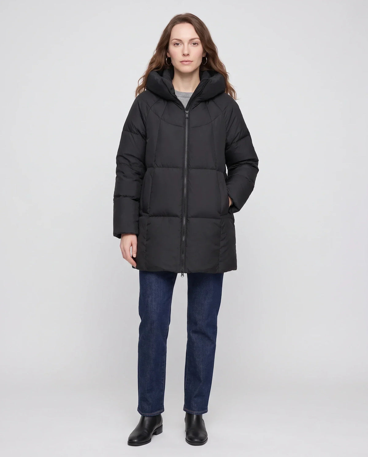 Mid-Length Puffer Jacket with Oversized Funnel Hood