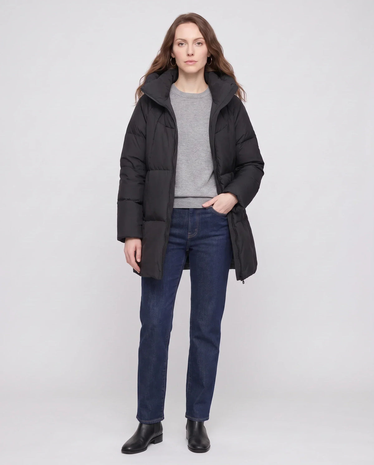 Mid-Length Puffer Jacket with Oversized Funnel Hood