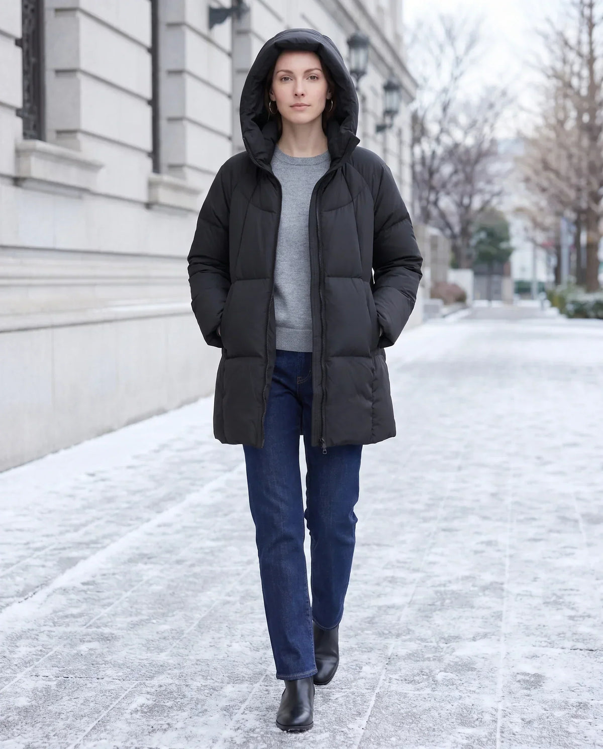 Mid-Length Puffer Jacket with Oversized Funnel Hood