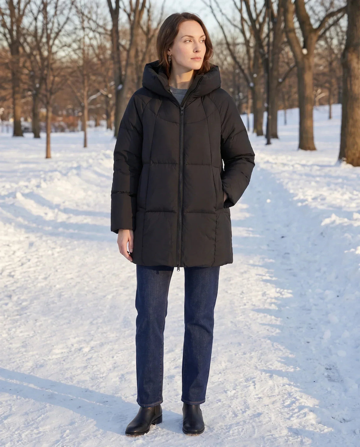 Mid-Length Puffer Jacket with Oversized Funnel Hood