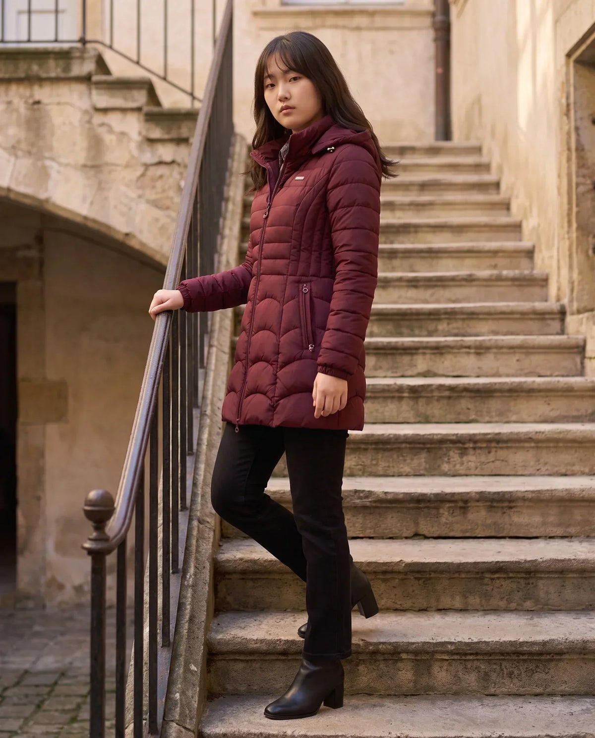 Fitted Mid-Length Hooded Puffer Jacket