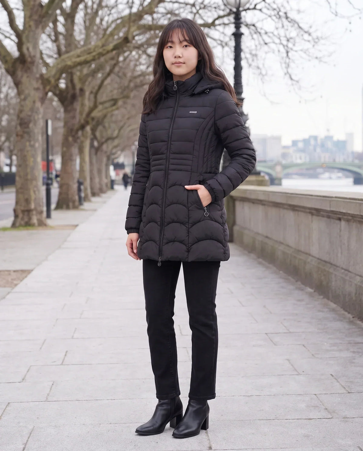 Fitted Mid-Length Hooded Puffer Jacket