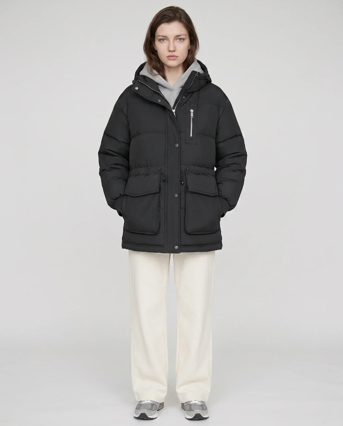 Mid-Length Parka-Style Puffer Jacket with Patch Pockets