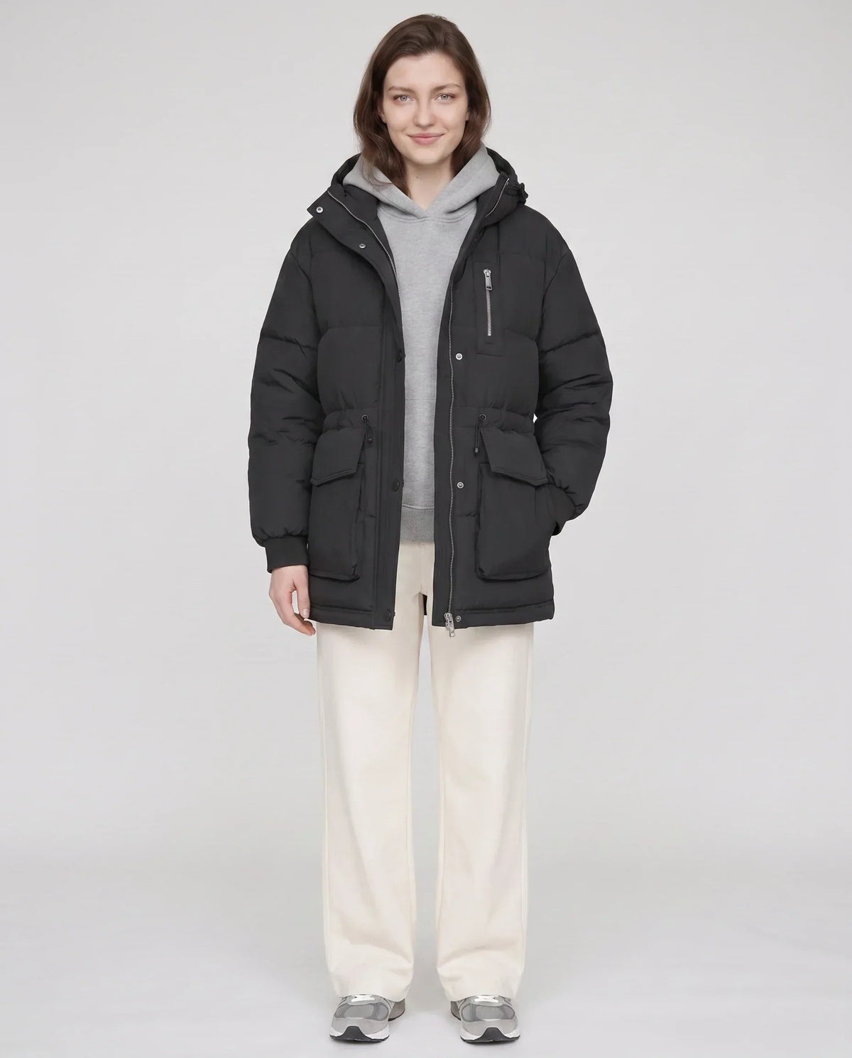 Mid-Length Parka-Style Puffer Jacket with Patch Pockets