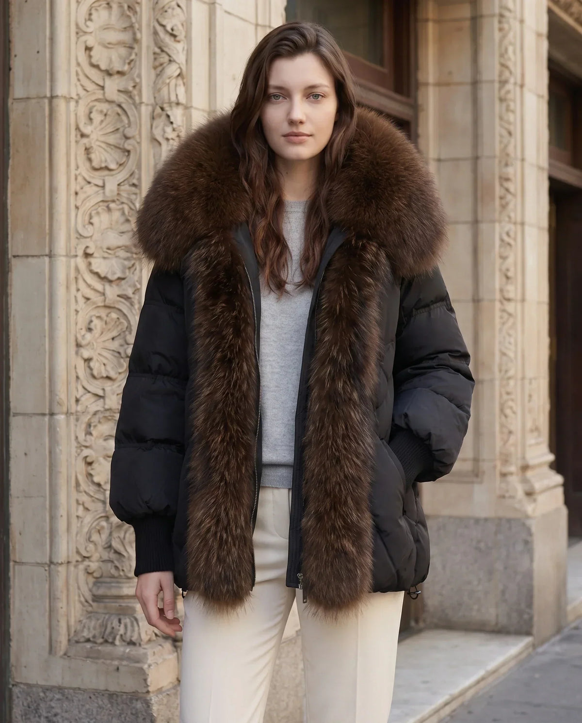 Oversized Puffer Jacket with Faux Fur Shawl Collar