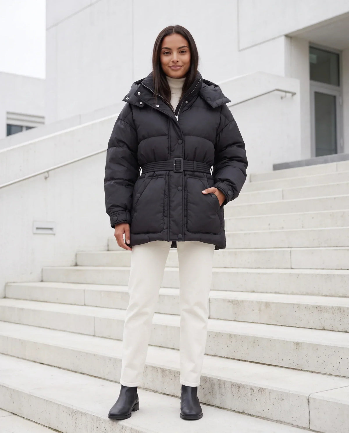 Oversized Hooded Puffer Jacket with Belt
