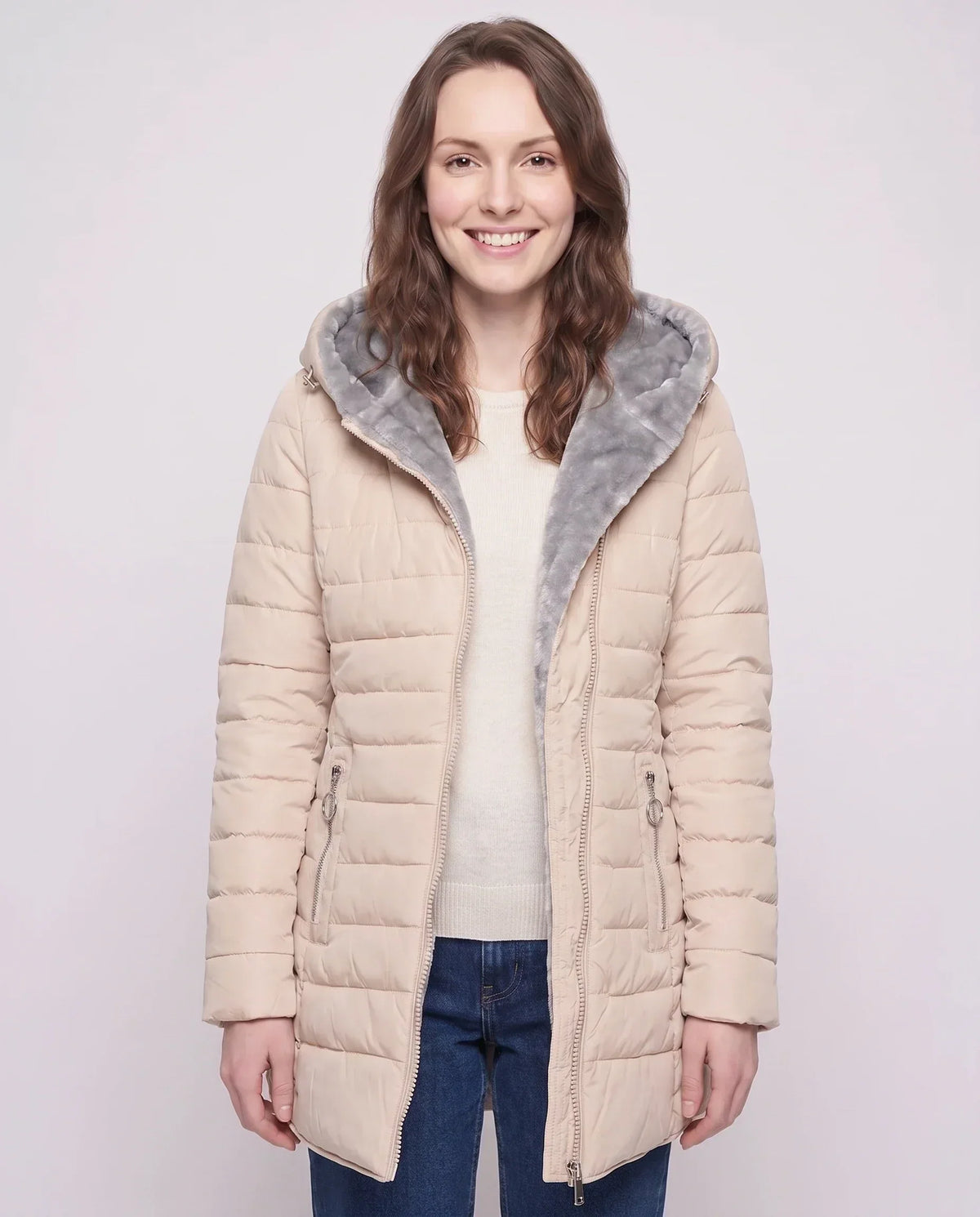 Mid-Length Fleece-Lined Puffer Jacket with Hood
