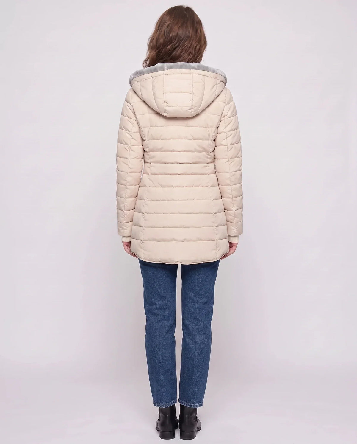 Mid-Length Fleece-Lined Puffer Jacket with Hood