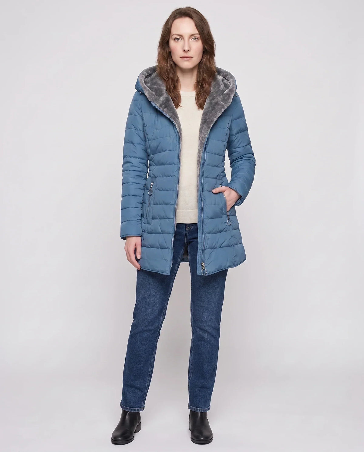 Mid-Length Fleece-Lined Puffer Jacket with Hood