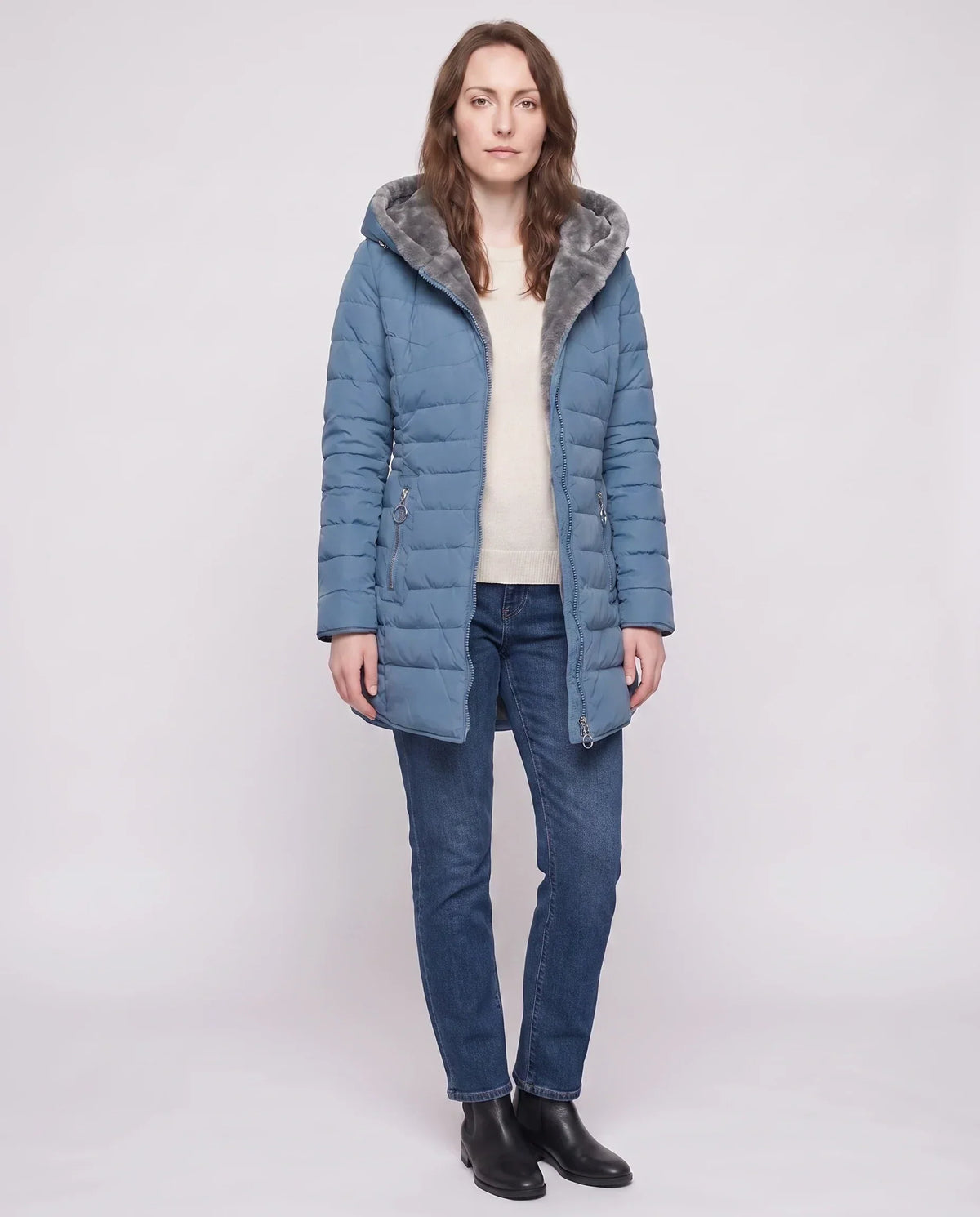 Mid-Length Fleece-Lined Puffer Jacket with Hood