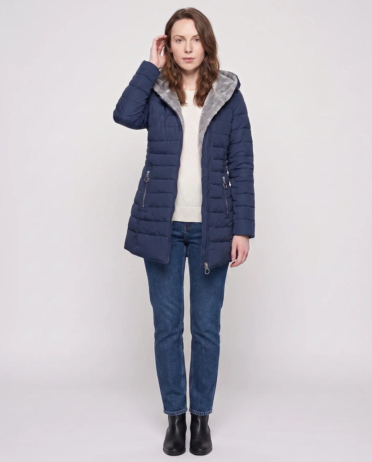 Mid-Length Fleece-Lined Puffer Jacket with Hood