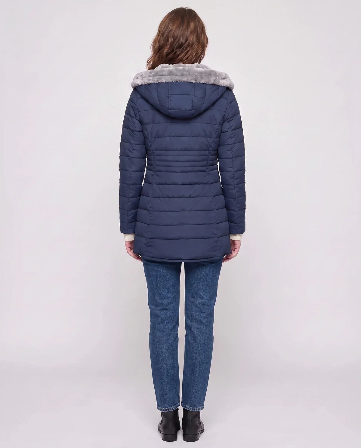 Mid-Length Fleece-Lined Puffer Jacket with Hood