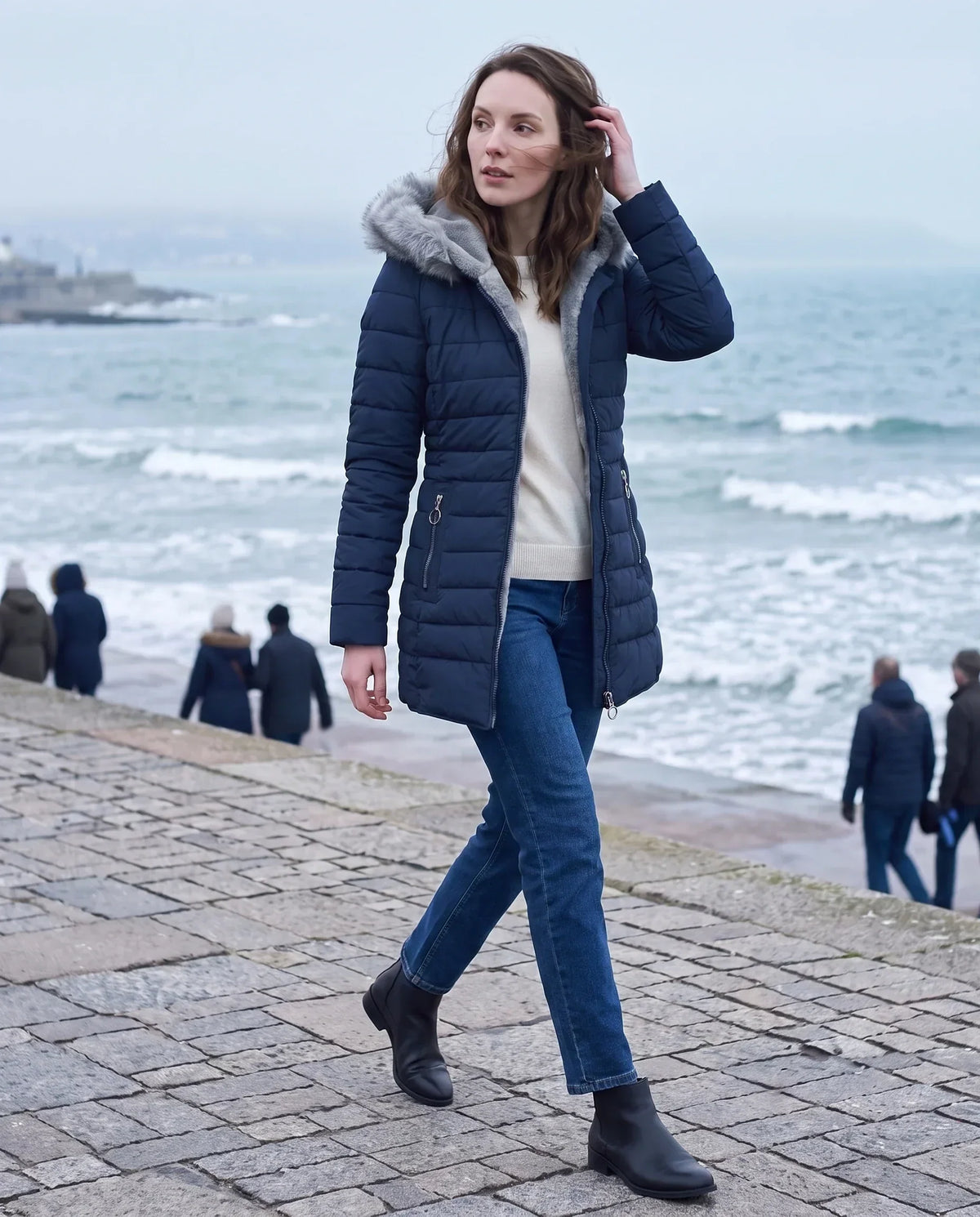 Mid-Length Fleece-Lined Puffer Jacket with Hood
