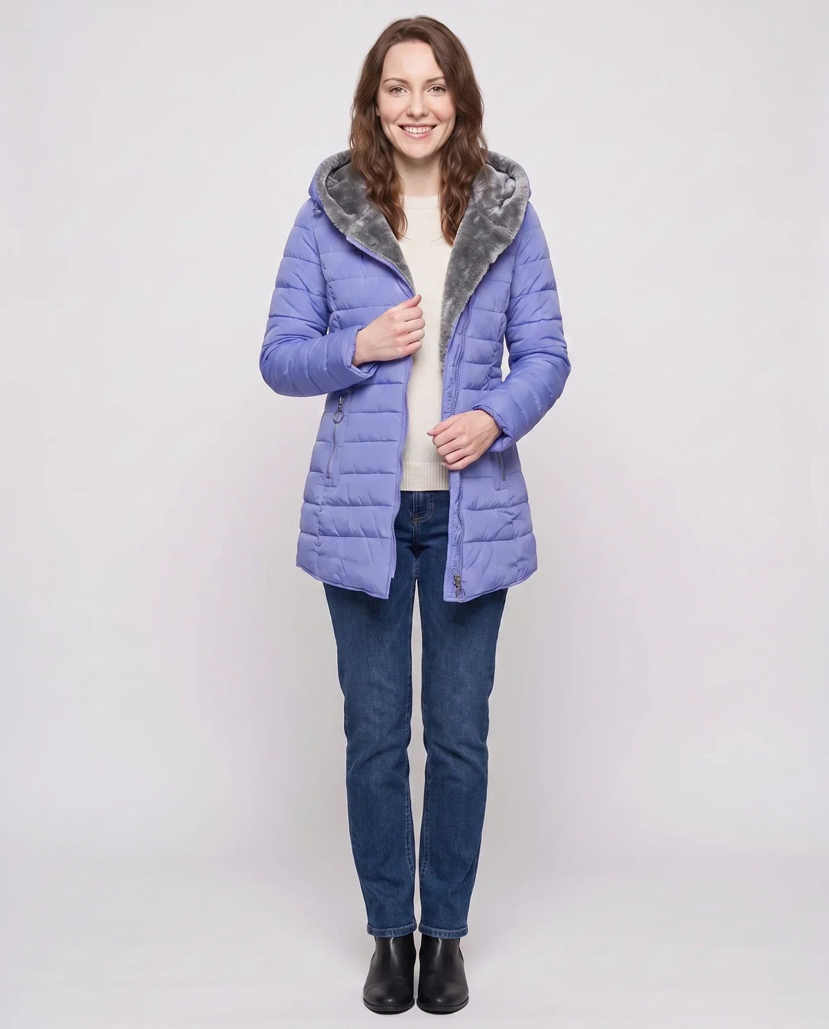 Mid-Length Fleece-Lined Puffer Jacket with Hood