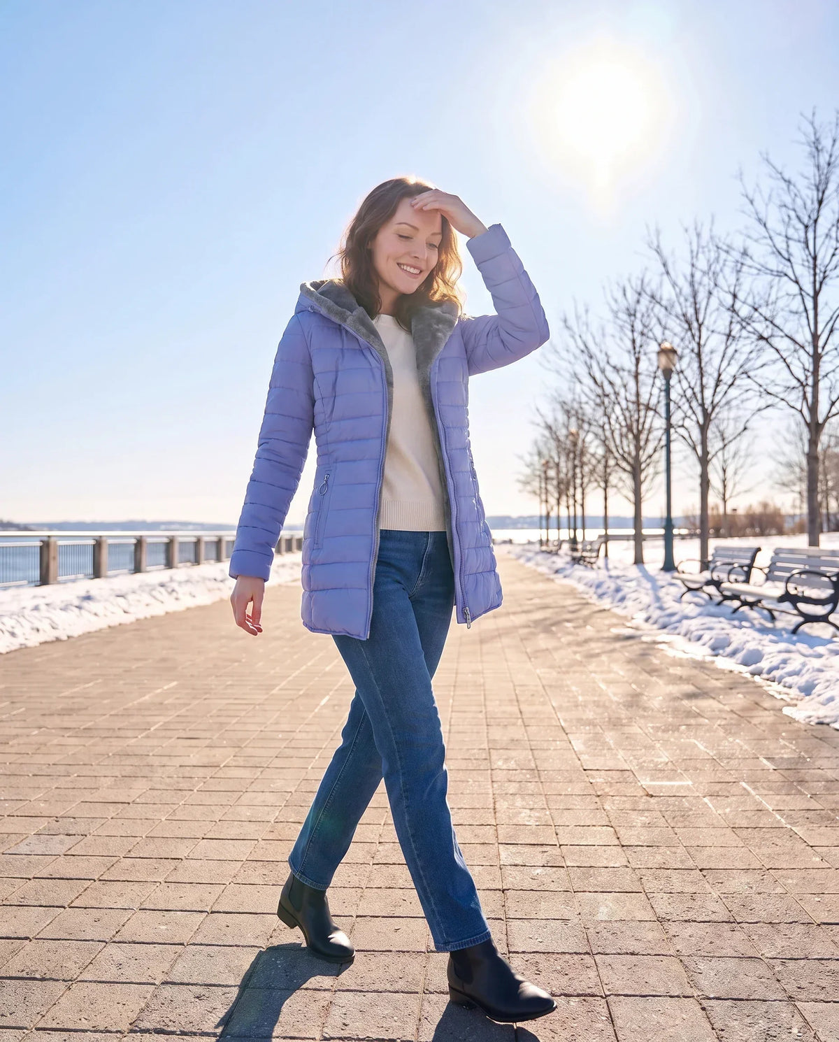 Mid-Length Fleece-Lined Puffer Jacket with Hood
