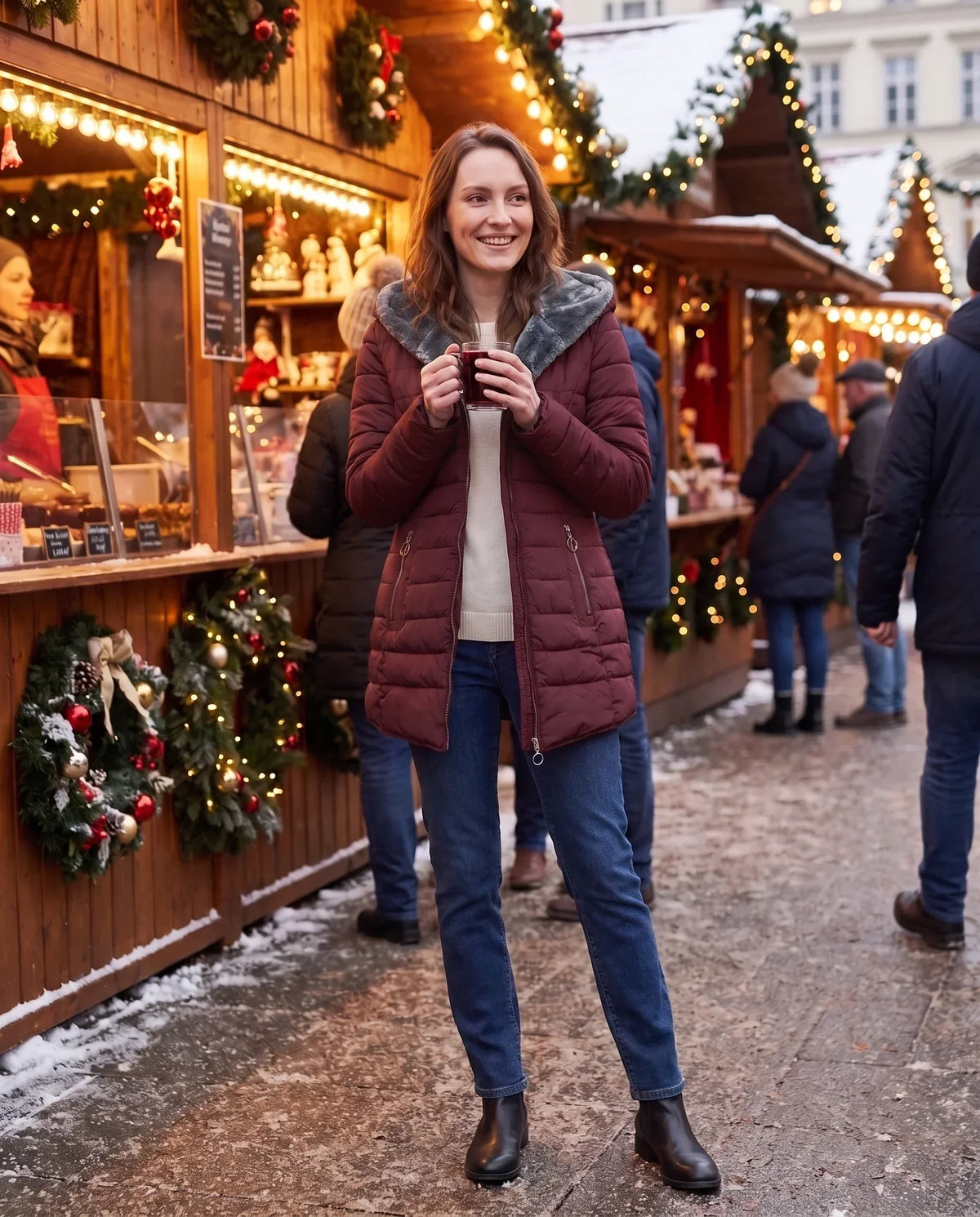 Mid-Length Fleece-Lined Puffer Jacket with Hood