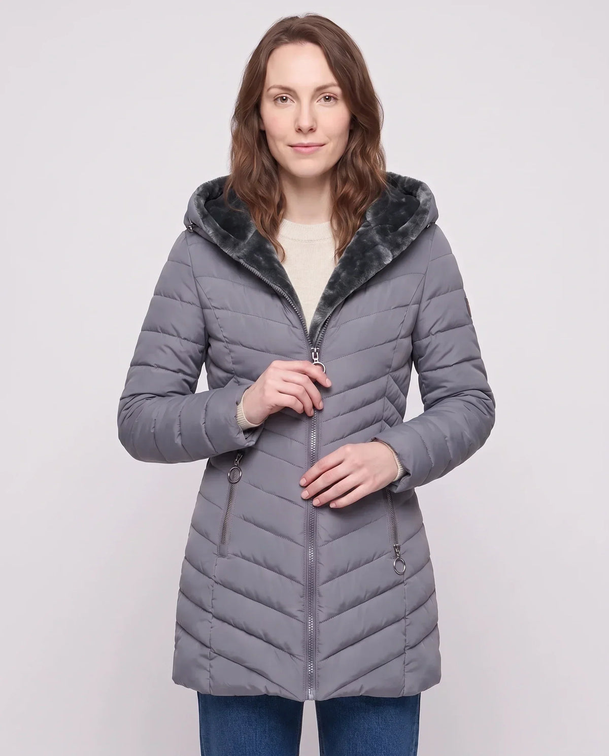 Mid-Length Fleece-Lined Puffer Jacket with Hood