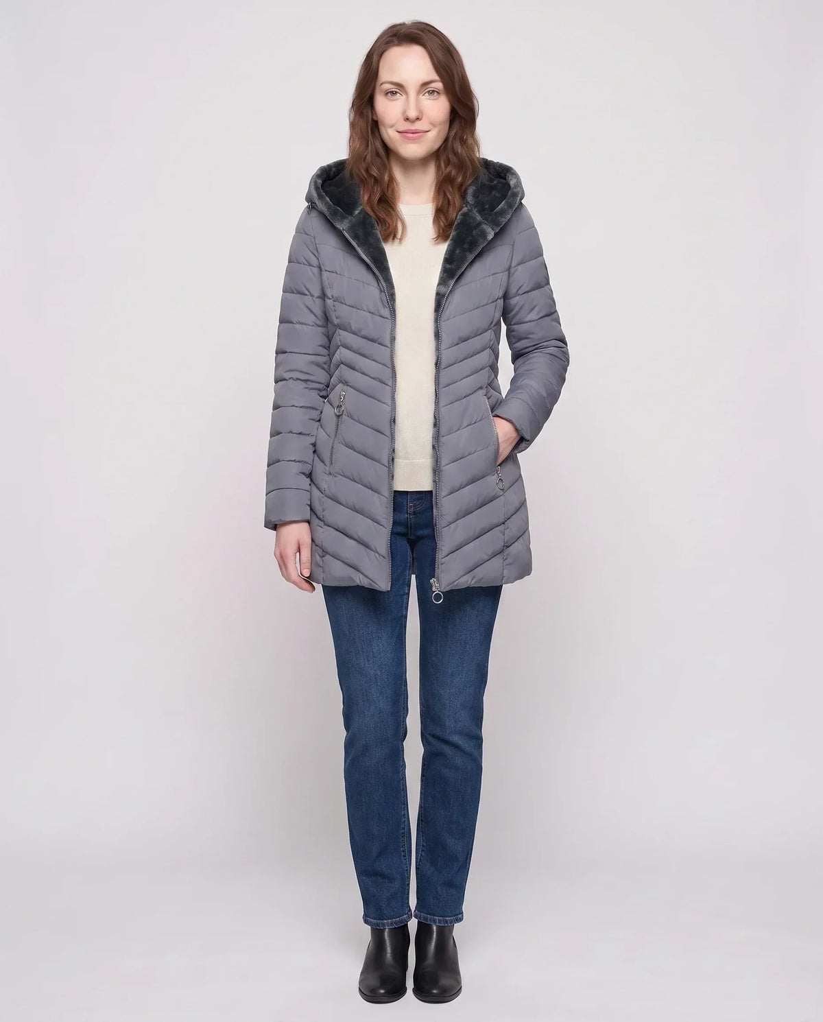Mid-Length Fleece-Lined Puffer Jacket with Hood
