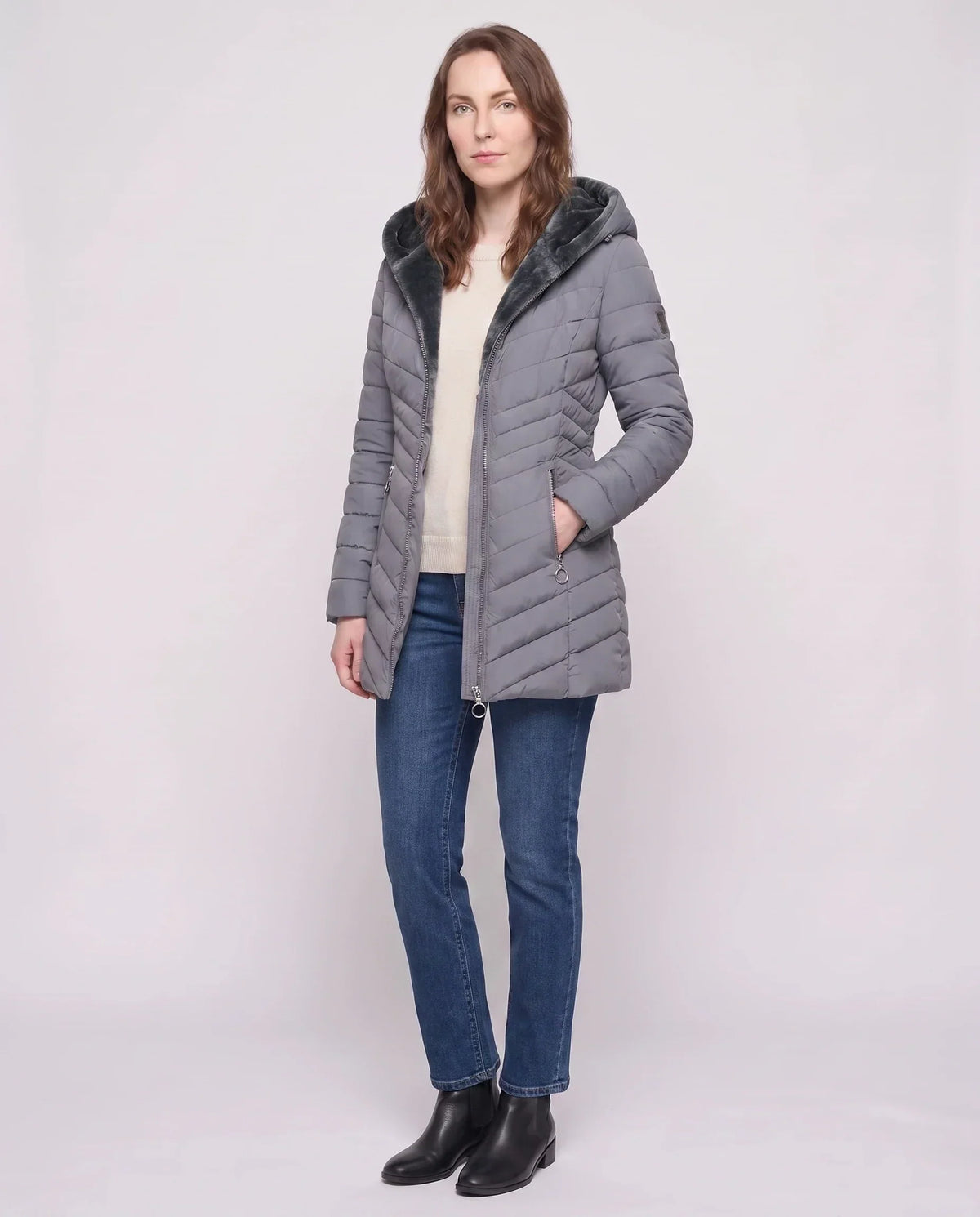 Mid-Length Fleece-Lined Puffer Jacket with Hood
