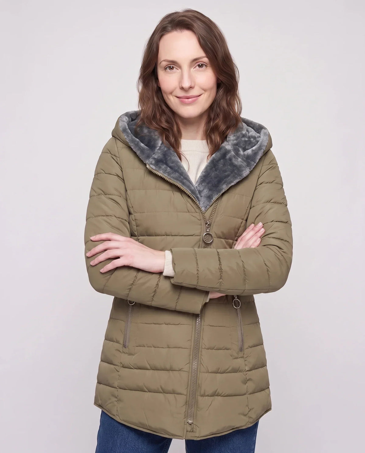 Mid-Length Fleece-Lined Puffer Jacket with Hood