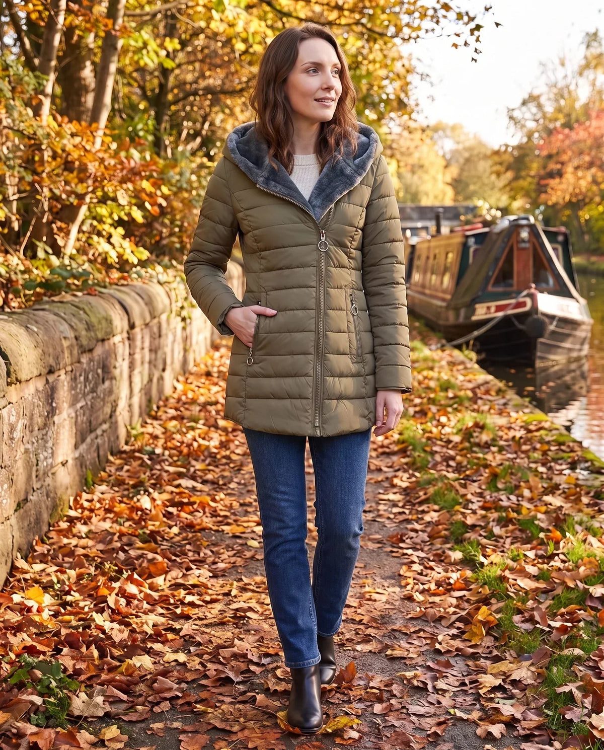 Mid-Length Fleece-Lined Puffer Jacket with Hood