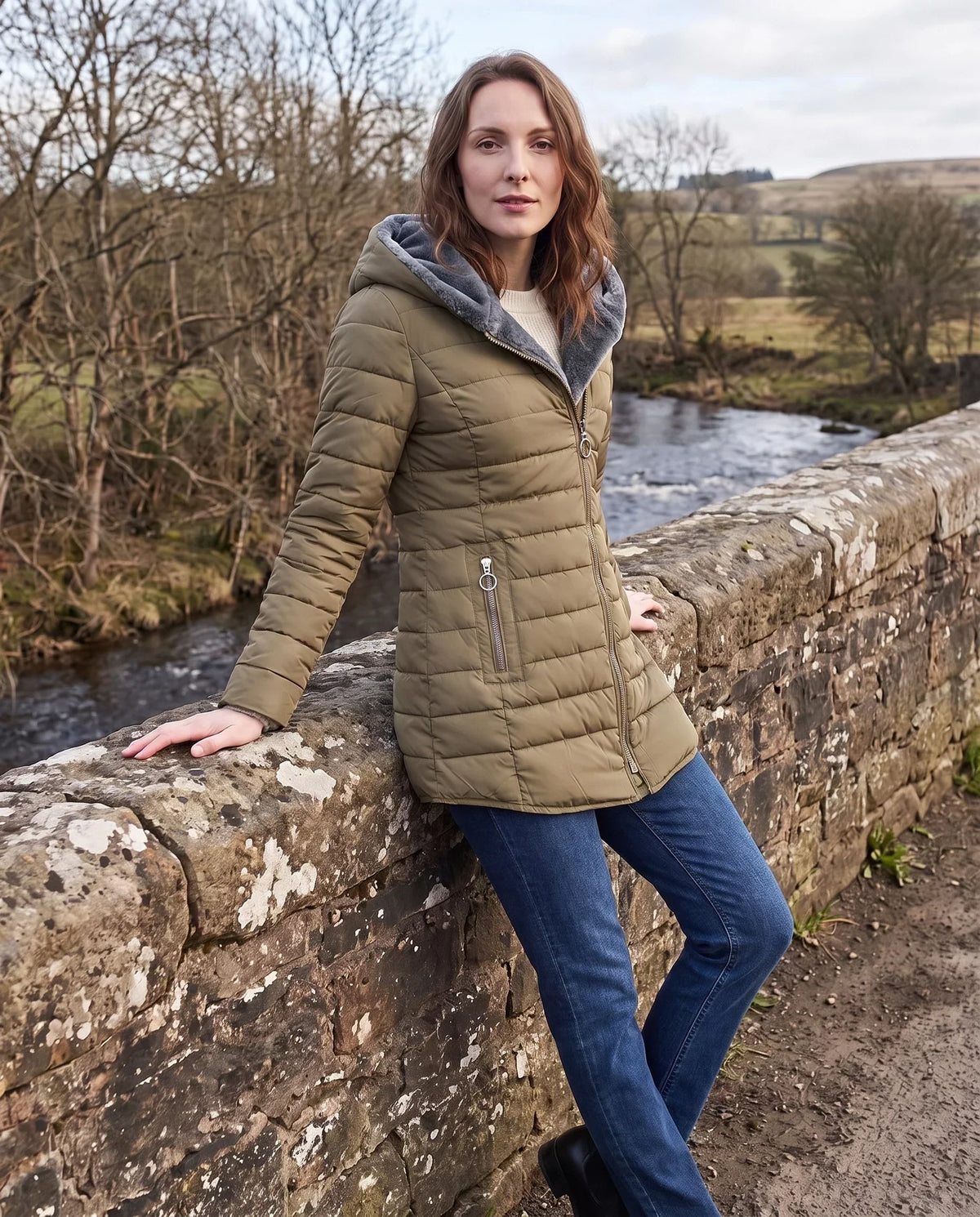 Mid-Length Fleece-Lined Puffer Jacket with Hood