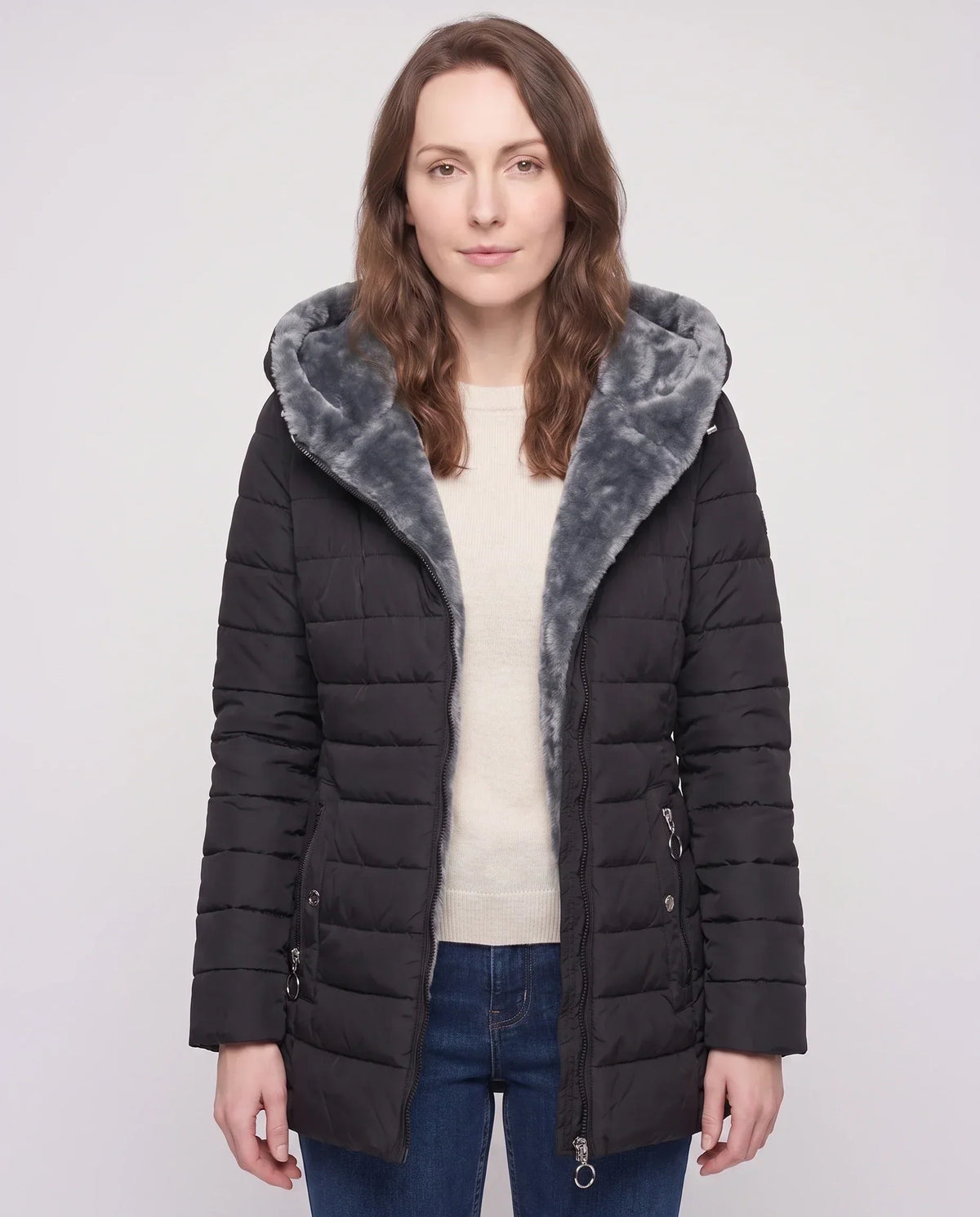 Mid-Length Fleece-Lined Puffer Jacket with Hood