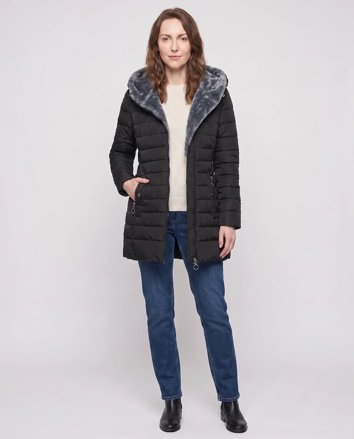 Mid-Length Fleece-Lined Puffer Jacket with Hood