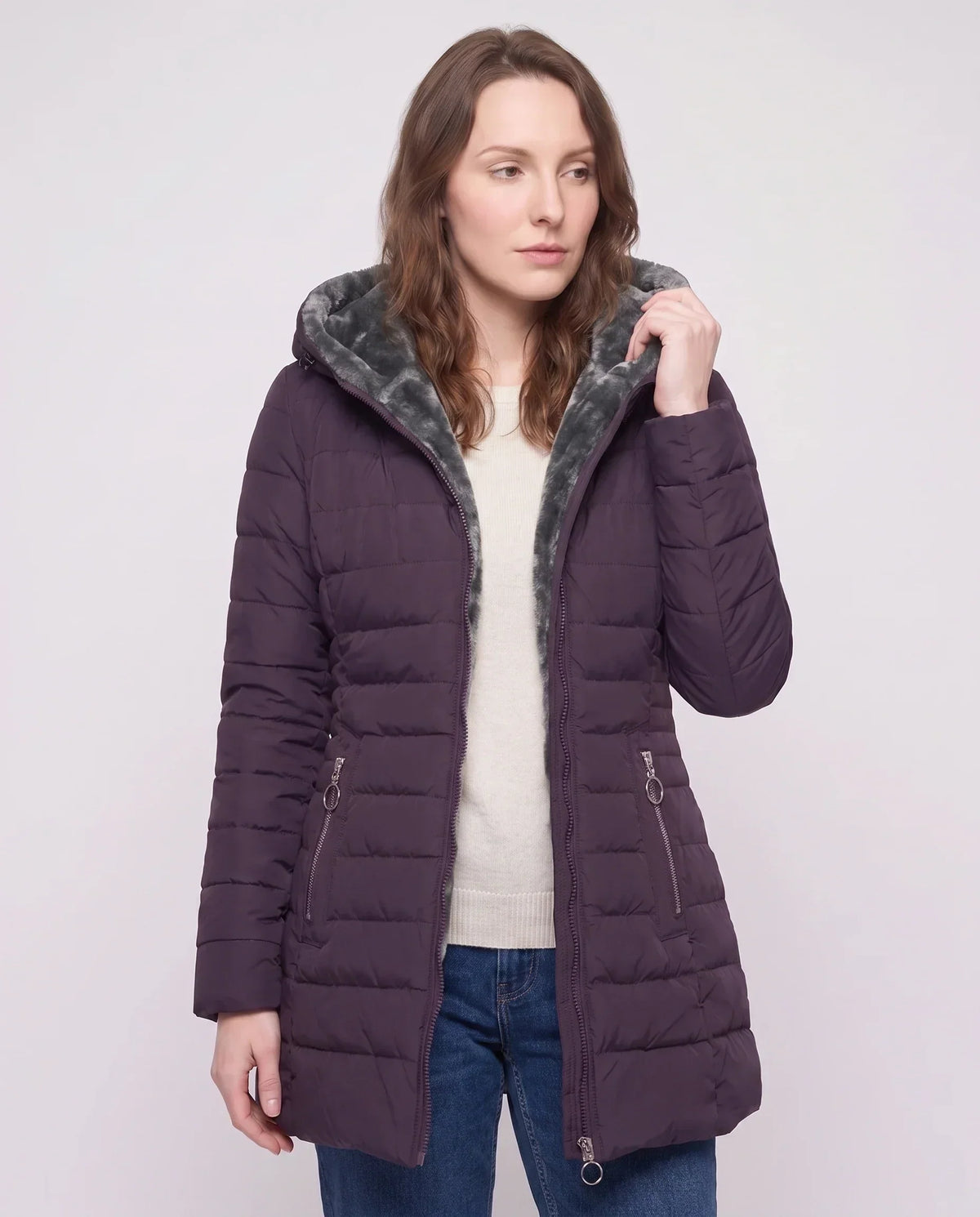 Mid-Length Fleece-Lined Puffer Jacket with Hood