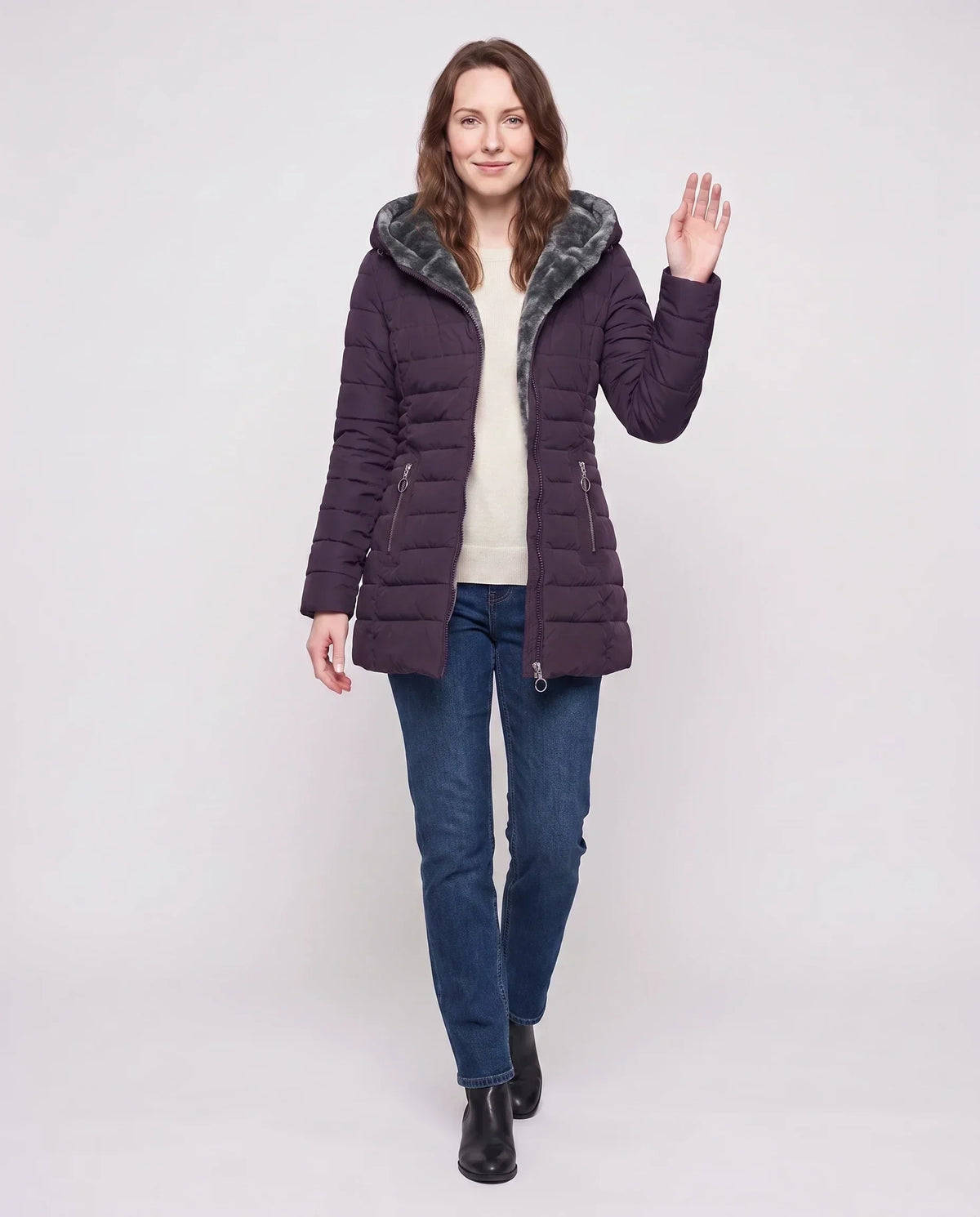Mid-Length Fleece-Lined Puffer Jacket with Hood