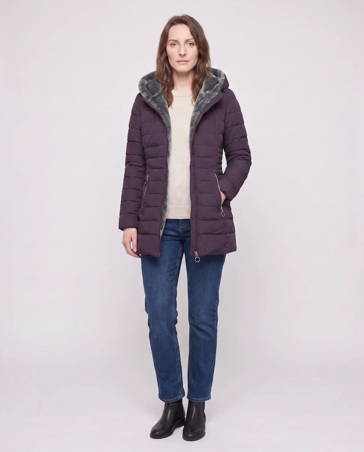 Mid-Length Fleece-Lined Puffer Jacket with Hood