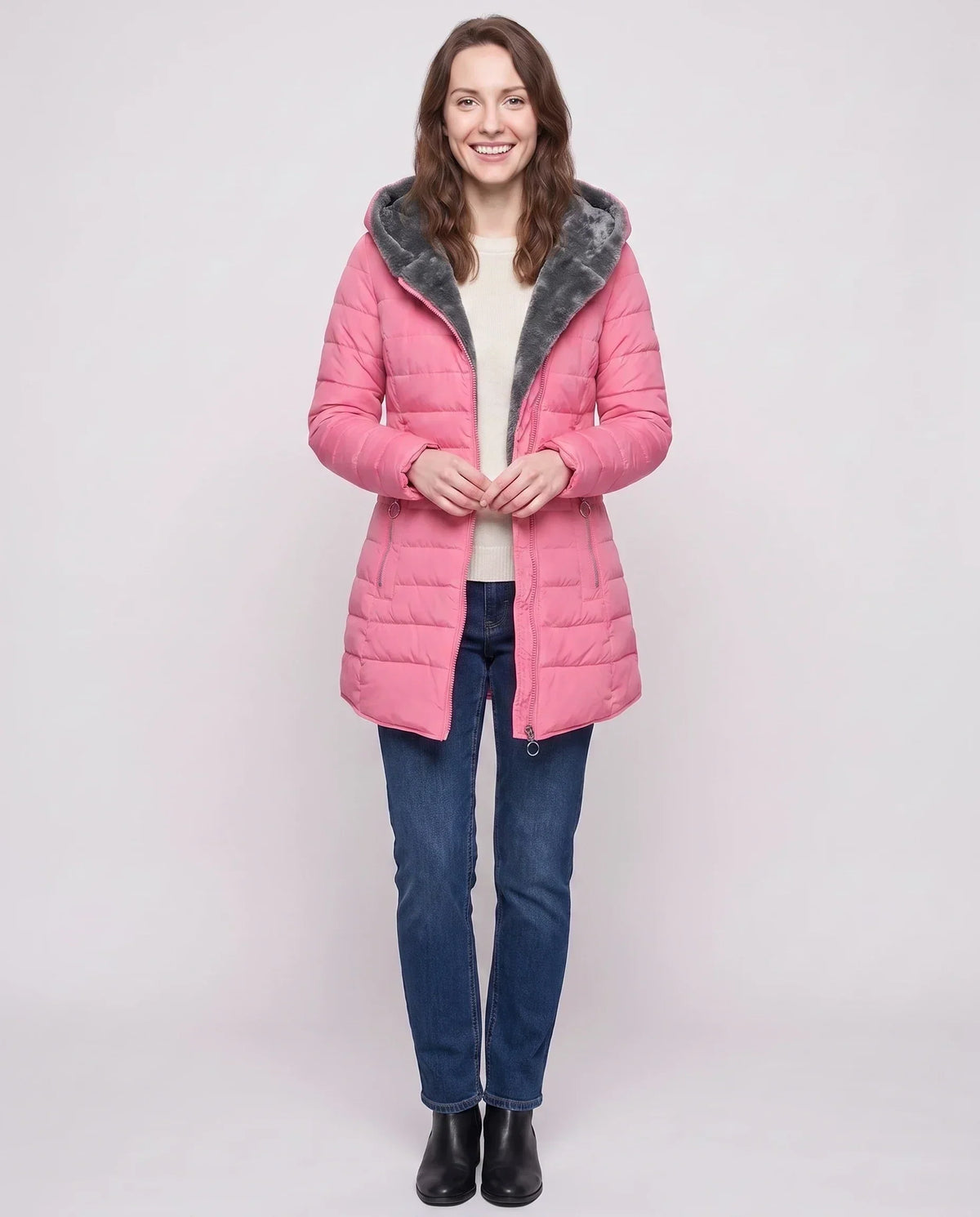 Mid-Length Fleece-Lined Puffer Jacket with Hood